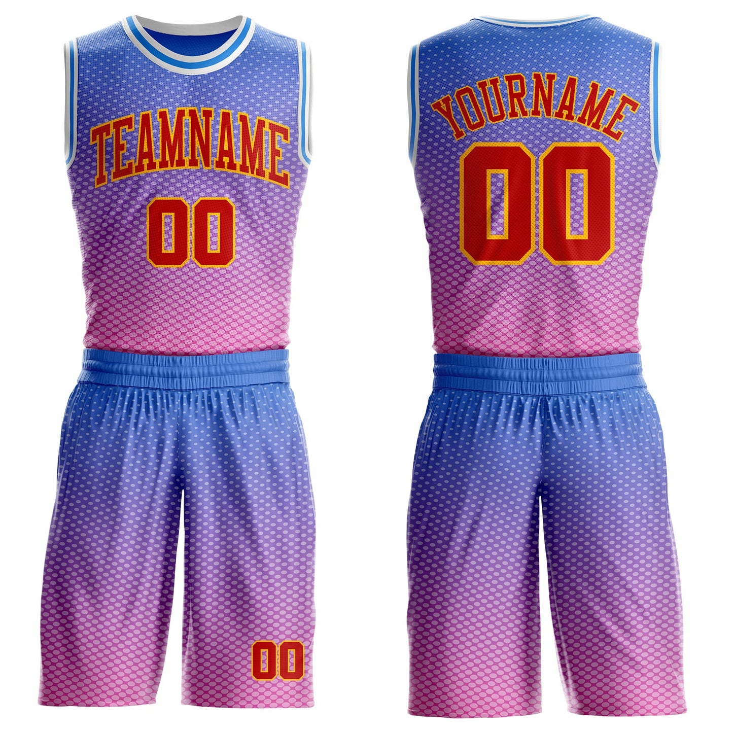 Custom Powder Blue Red Pink Gold-White Honeycomb Gradient Round Neck Sublimation Basketball Uniform Jersey - Main View