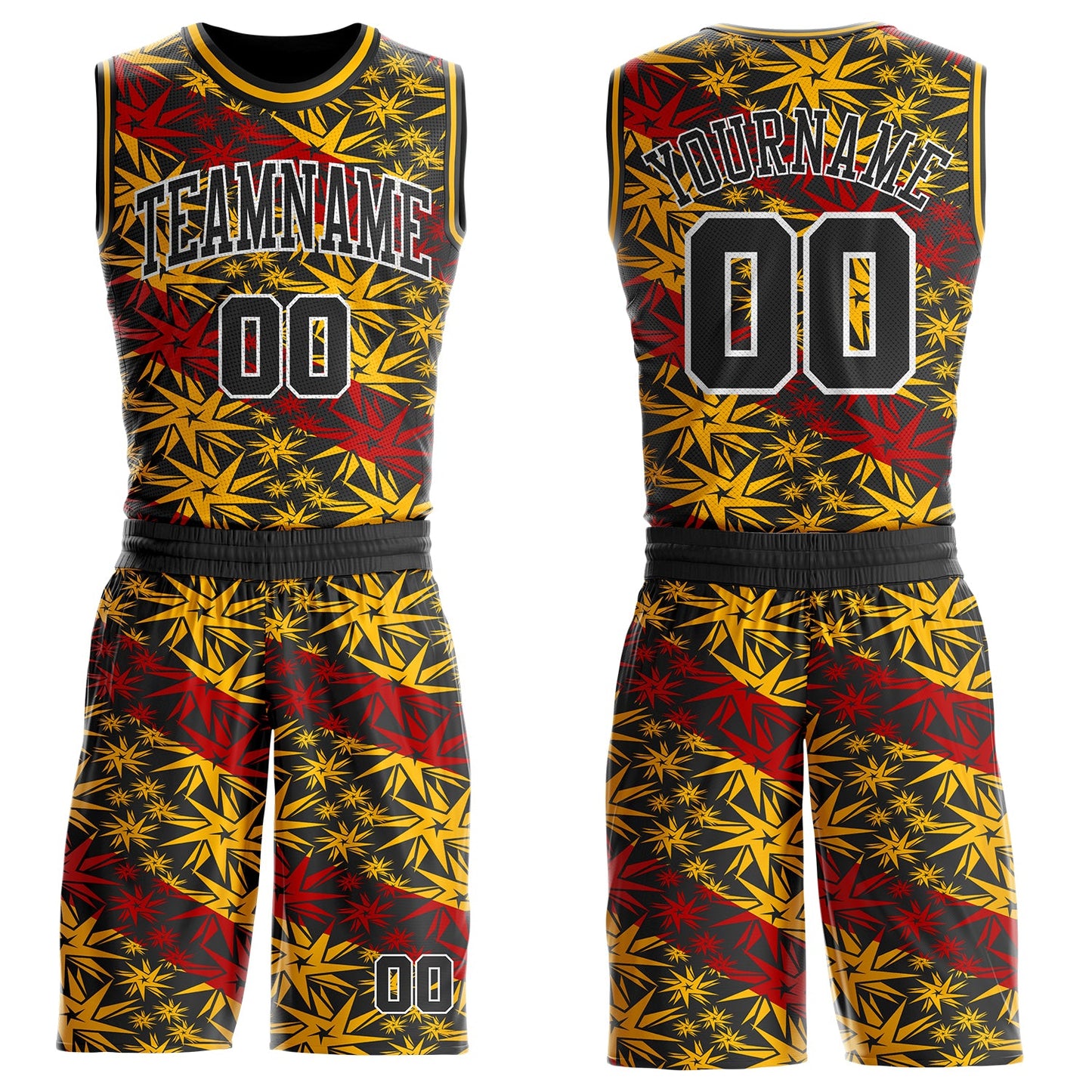 Custom Black Gold Red-White Star Gradient Round Neck Sublimation Basketball Uniform Jersey - Main View