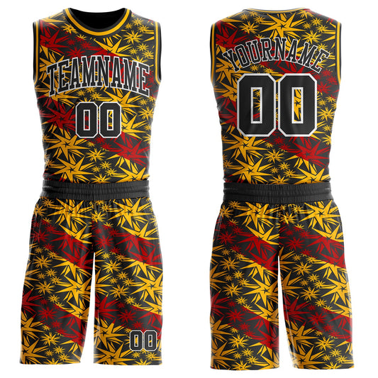 Custom Black Gold Red-White Star Gradient Round Neck Sublimation Basketball Uniform Jersey - Main View