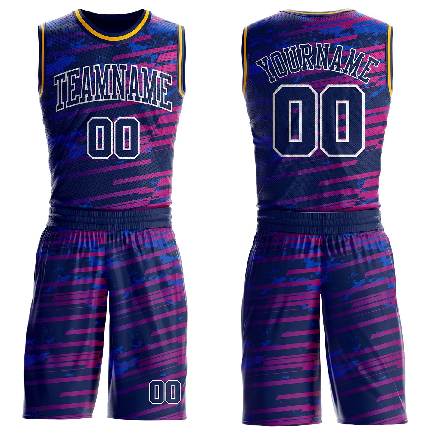 Custom Navy Hot Pink White-Gold Stripe Gradient Round Neck Sublimation Basketball Uniform Jersey - Main View
