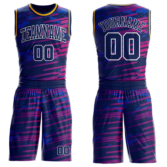 Custom Navy Hot Pink White-Gold Stripe Gradient Round Neck Sublimation Basketball Uniform Jersey - Main View