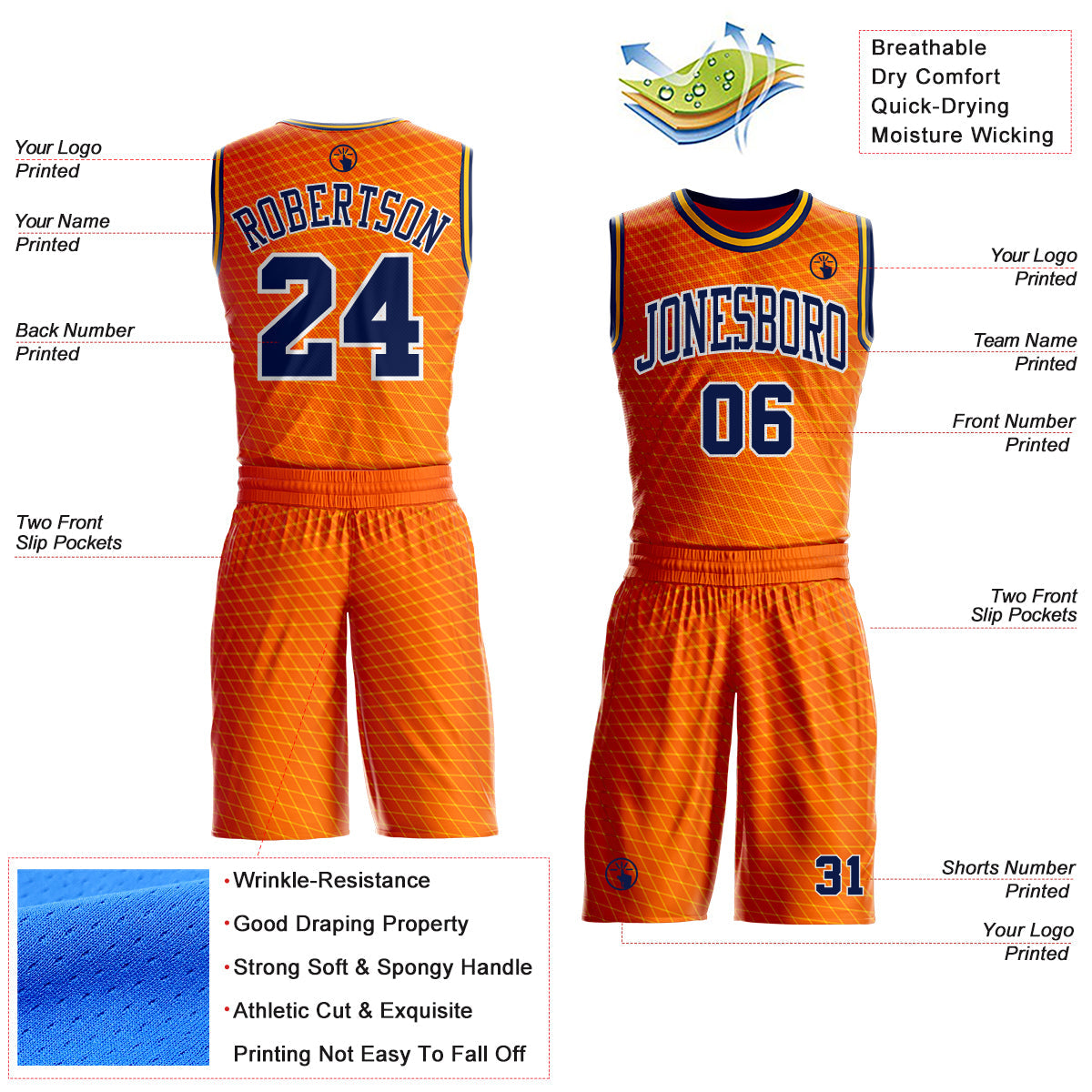 Custom Orange Navy White-Gold Diamond Grid Gradient Round Neck Sublimation Basketball Uniform Jersey view 2