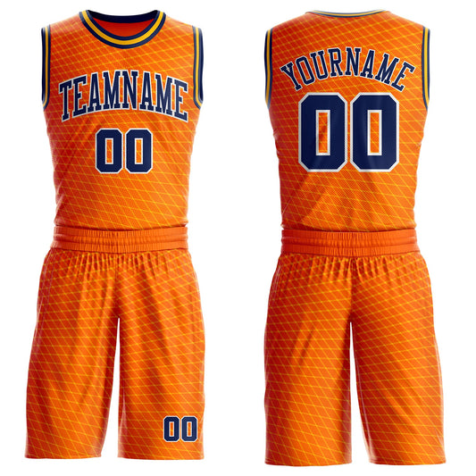 Custom Orange Navy White-Gold Diamond Grid Gradient Round Neck Sublimation Basketball Uniform Jersey - Main View