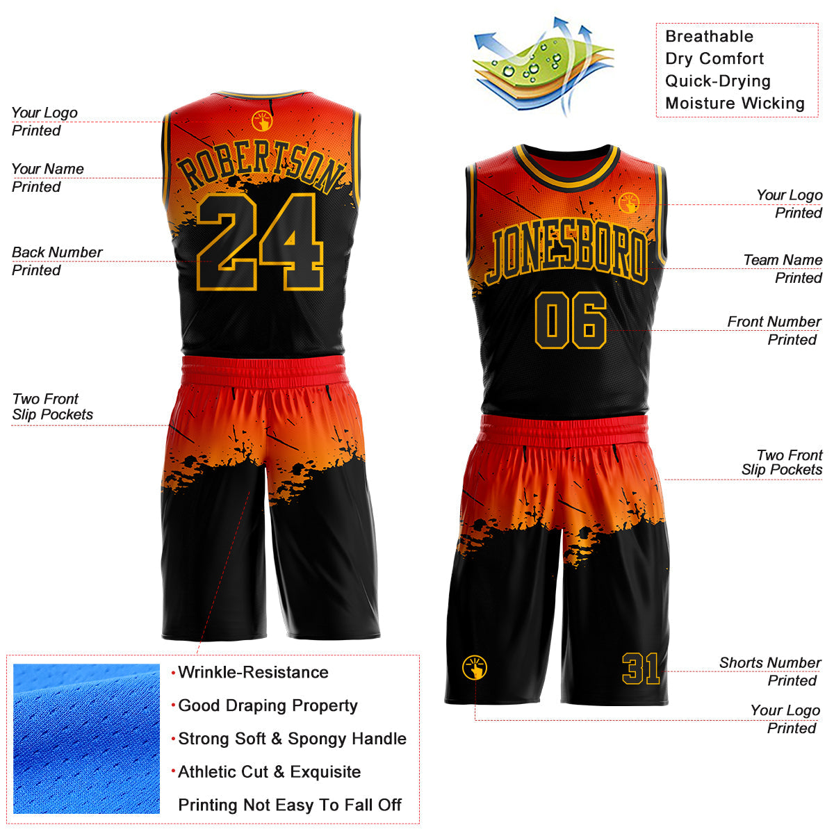 Custom Orange Black-Gold Splatter Gradient Round Neck Sublimation Basketball Uniform Jersey view 2