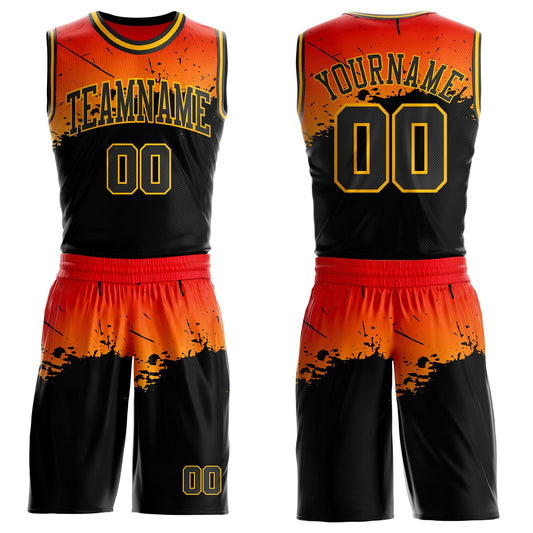 Custom Orange Black-Gold Splatter Gradient Round Neck Sublimation Basketball Uniform Jersey - Main View