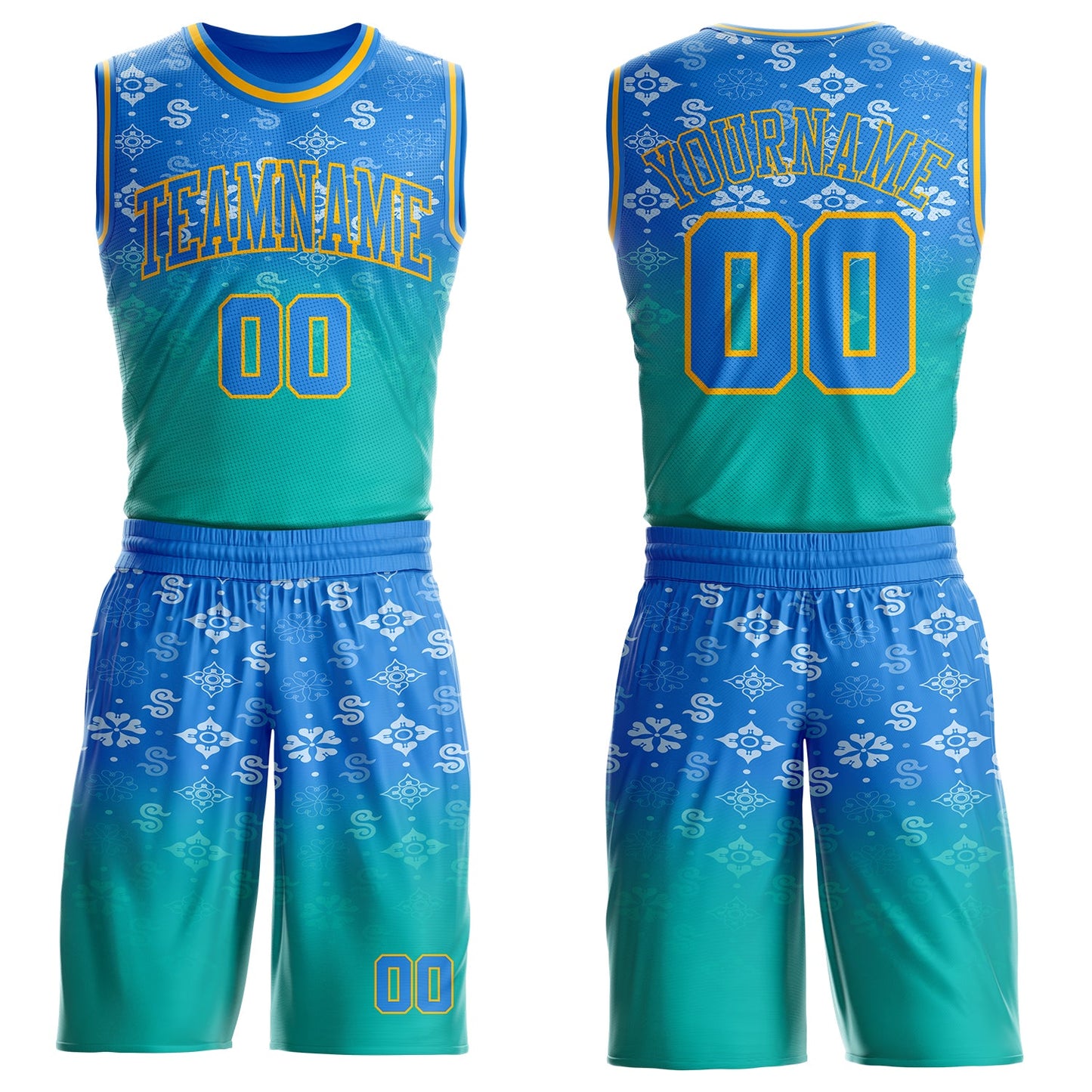 Custom Powder Blue Aqua-Gold Floral Texture Gradient Round Neck Sublimation Basketball Uniform Jersey - Main View