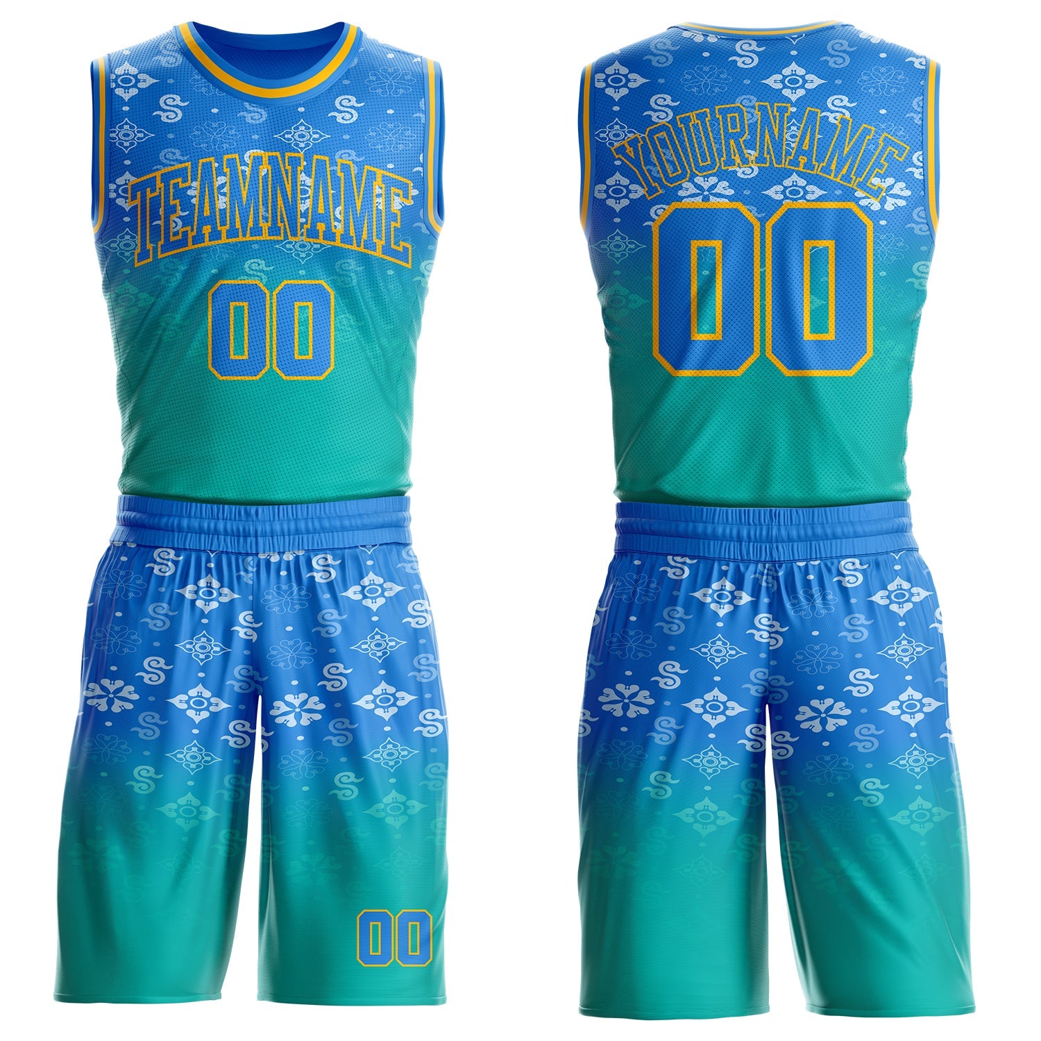 Custom Powder Blue Aqua-Gold Floral Texture Gradient Round Neck Sublimation Basketball Uniform Jersey - Main View