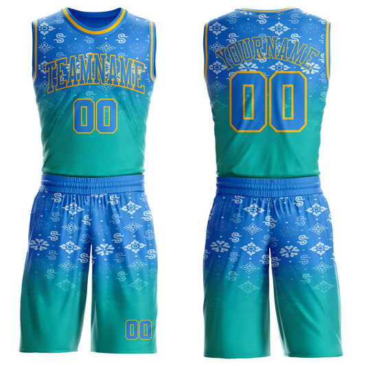 Custom Powder Blue Aqua-Gold Floral Texture Gradient Round Neck Sublimation Basketball Uniform Jersey - Main View