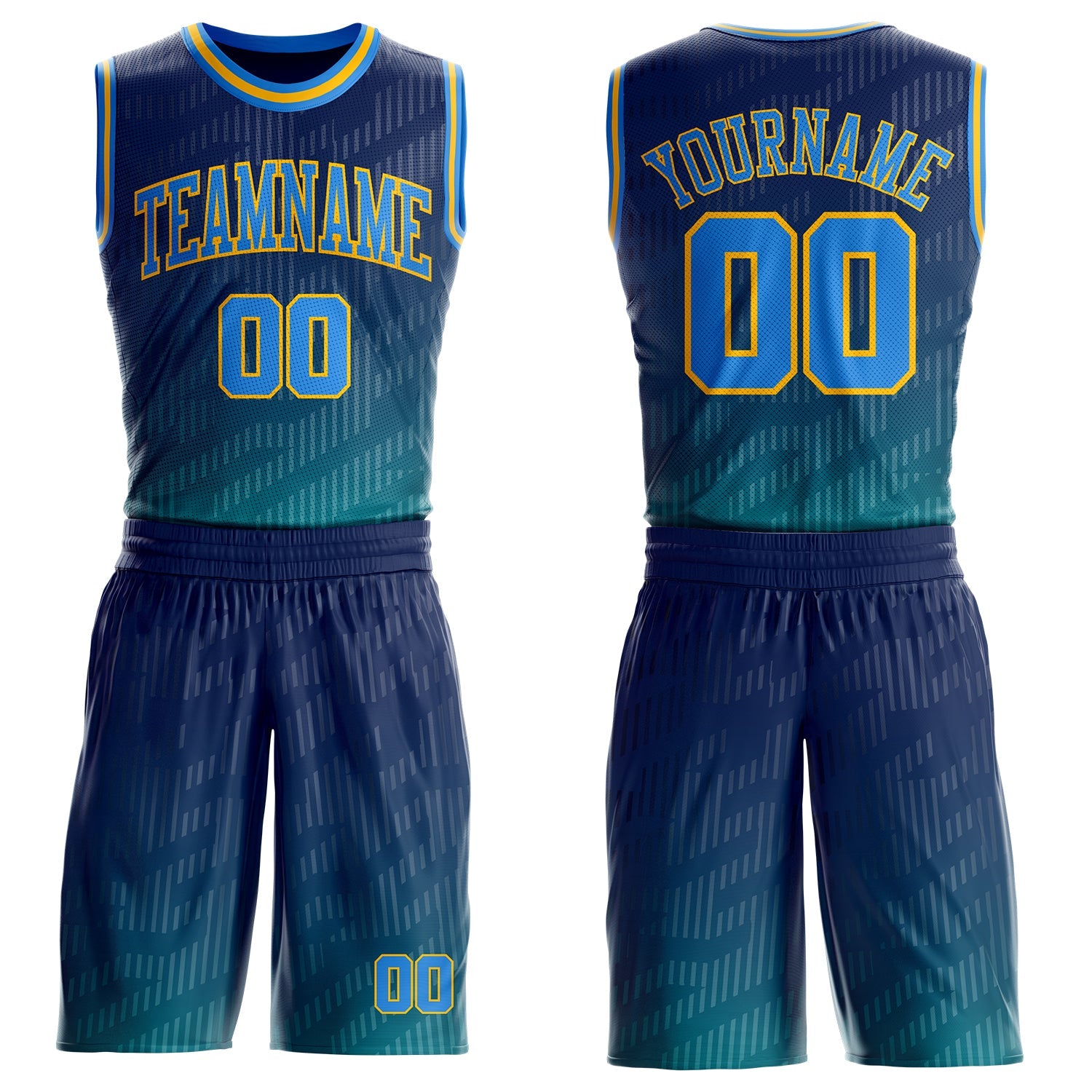 Custom Navy Powder Blue Aqua-Gold Stripe Gradient Round Neck Sublimation Basketball Uniform Jersey - Main View