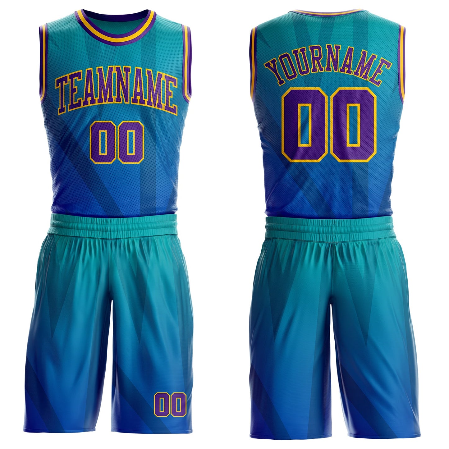 Custom Blue Purple Aqua-Gold Geometric Stripe Gradient Round Neck Sublimation Basketball Uniform Jersey - Main View