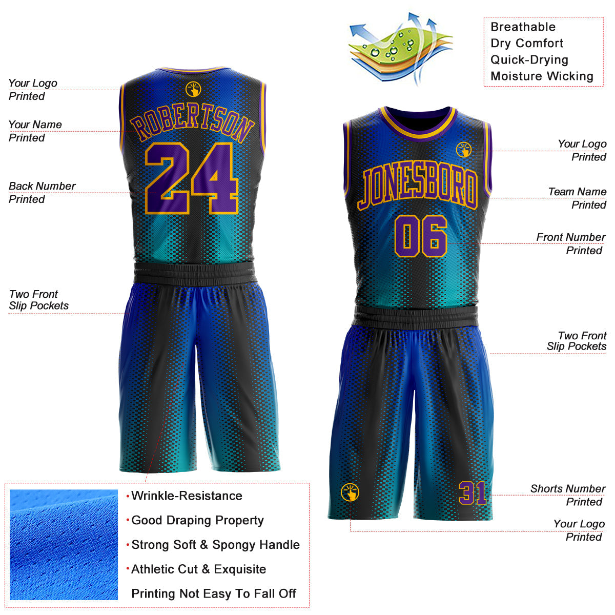 Custom Black Purple Blue-Gold Halftone Dot Texture Gradient Round Neck Sublimation Basketball Uniform Jersey view 2