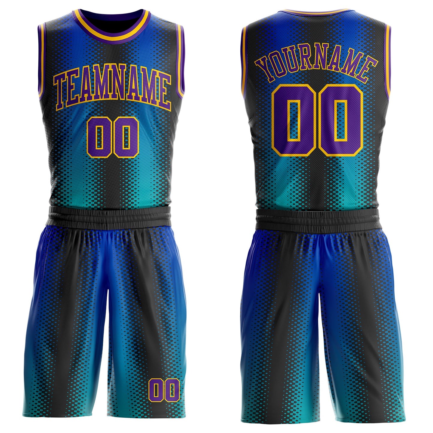 Custom Black Purple Blue-Gold Halftone Dot Texture Gradient Round Neck Sublimation Basketball Uniform Jersey - Main View