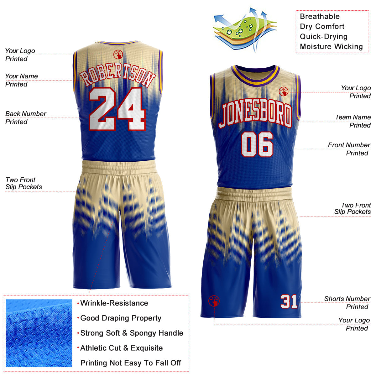 Custom Cream White Royal Red Purple-Gold Speed Line Gradient Round Neck Sublimation Basketball Uniform Jersey view 2