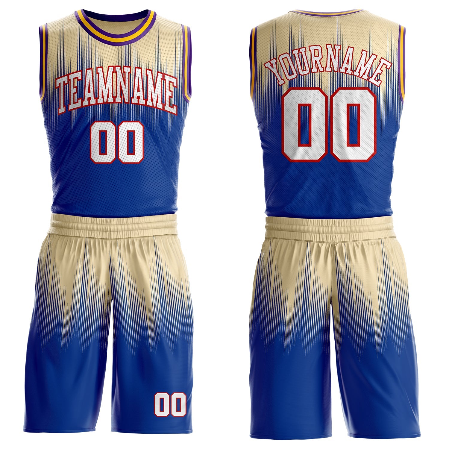 Custom Cream White Royal Red Purple-Gold Speed Line Gradient Round Neck Sublimation Basketball Uniform Jersey - Main View