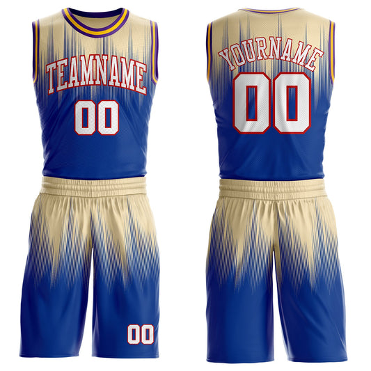 Custom Cream White Royal Red Purple-Gold Speed Line Gradient Round Neck Sublimation Basketball Uniform Jersey - Main View