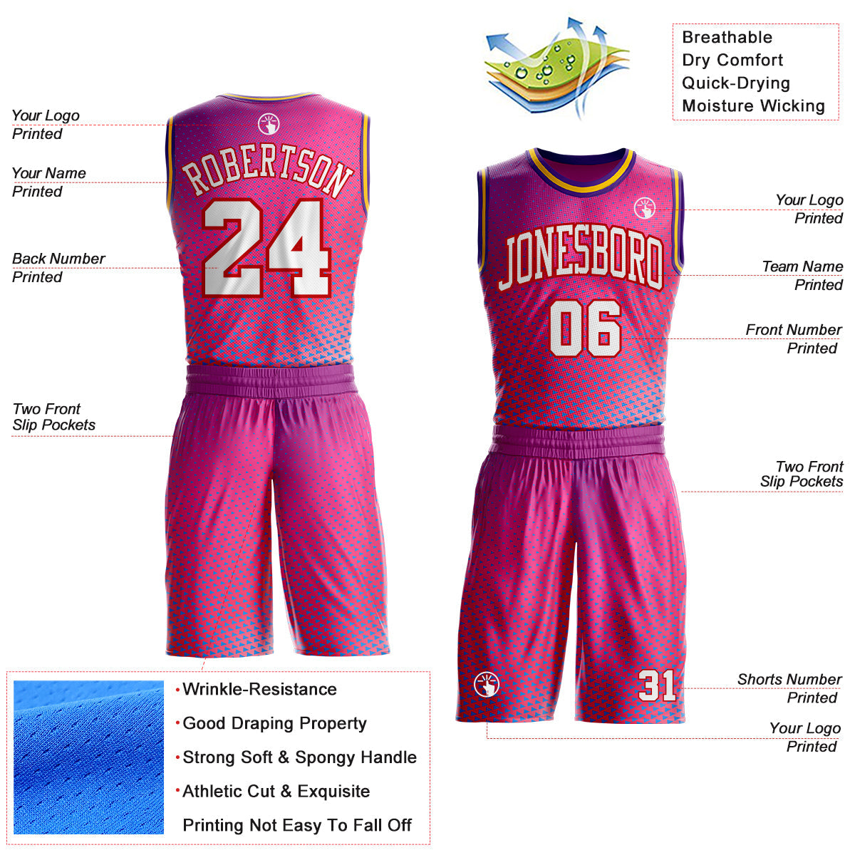 Custom Pink White Red Purple-Gold Triangle Dot Gradient Round Neck Sublimation Basketball Uniform Jersey view 2