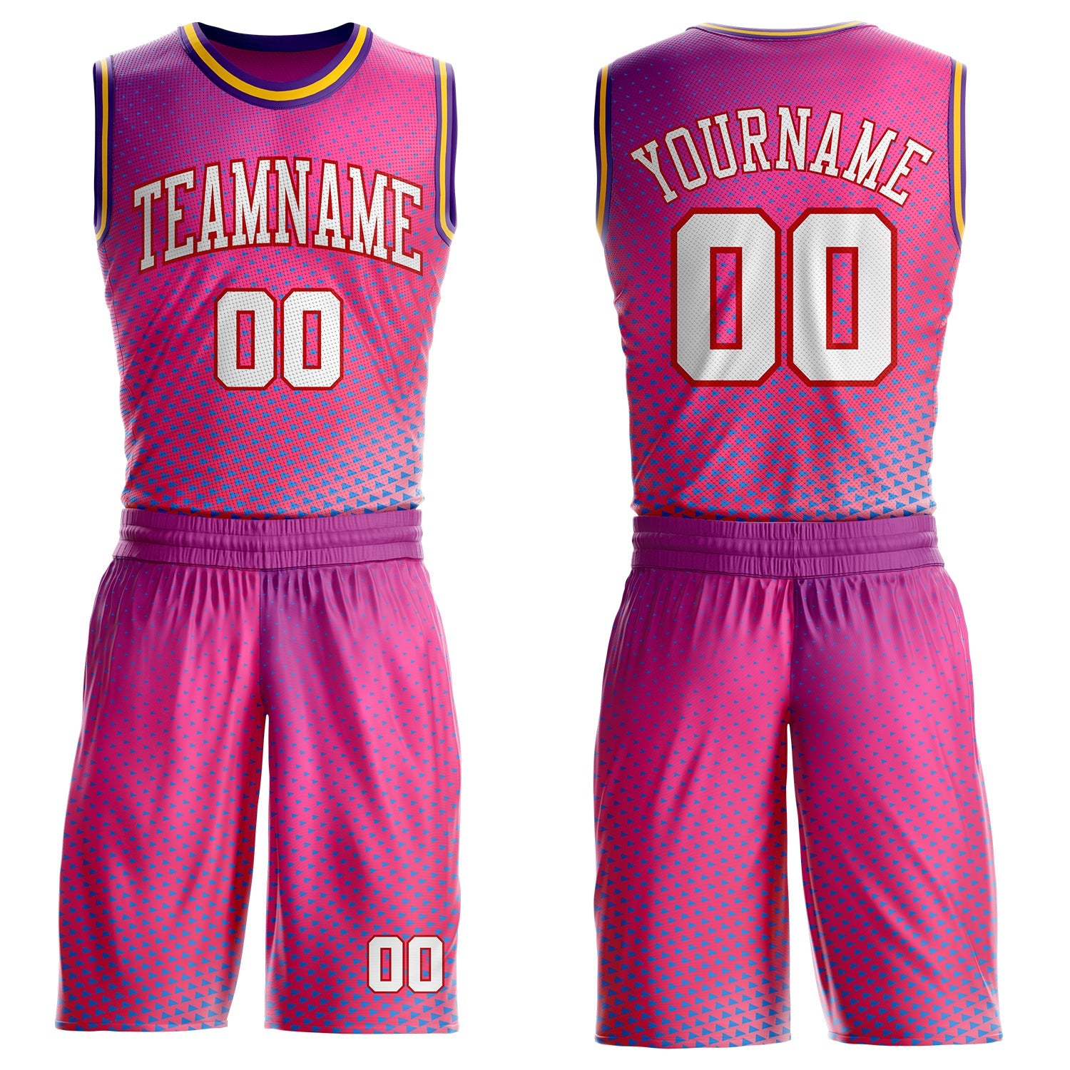 Custom Pink White Red Purple-Gold Triangle Dot Gradient Round Neck Sublimation Basketball Uniform Jersey - Main View