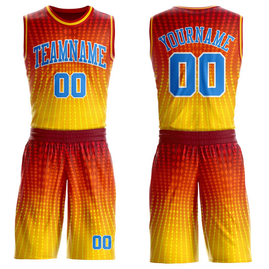 Custom Red Powder Blue Gold-White Diamond Grid Gradient Round Neck Sublimation Basketball Uniform Jersey - Main View