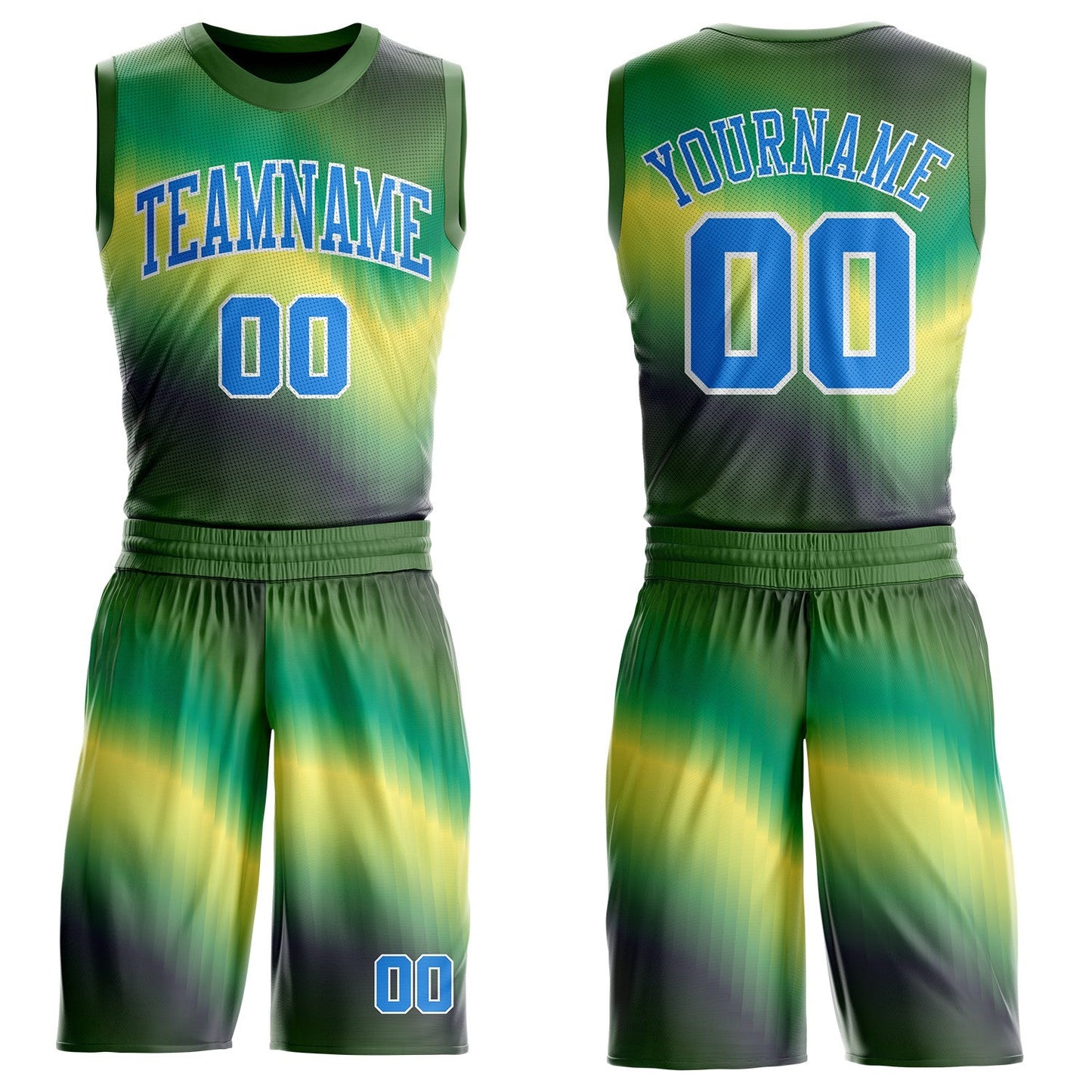 Custom Green Powder Blue Yellow-White Gradient Wave Texture Round Neck Sublimation Basketball Uniform Jersey - Main View