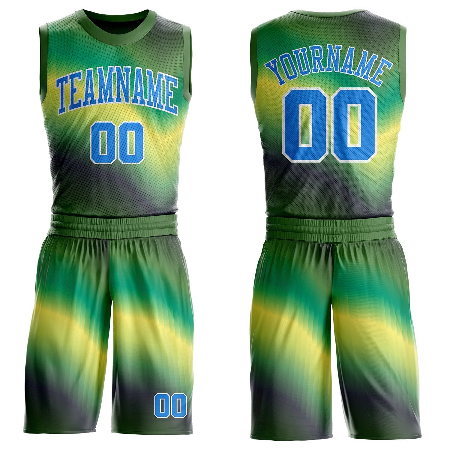 Custom Green Powder Blue Yellow-White Gradient Wave Texture Round Neck Sublimation Basketball Uniform Jersey - Main View