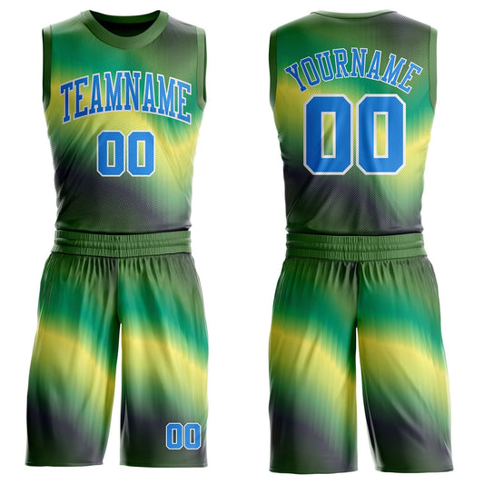 Custom Green Powder Blue Yellow-White Gradient Wave Texture Round Neck Sublimation Basketball Uniform Jersey - Main View