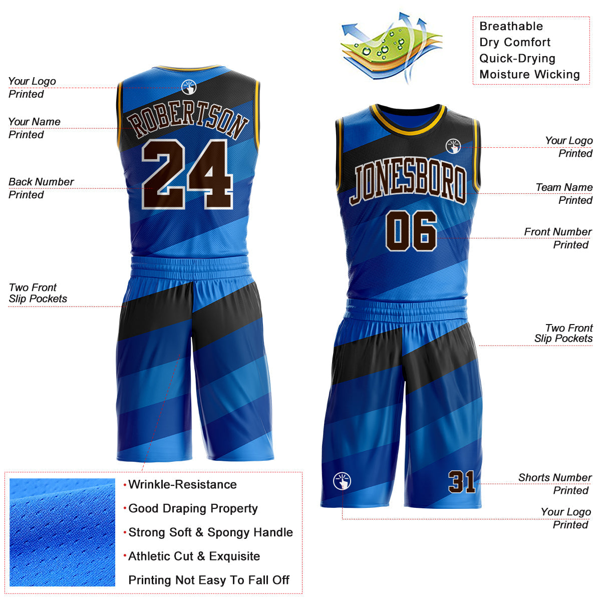 Custom Blue Brown Black White-Gold Diagonal Stripe Gradient Round Neck Sublimation Basketball Uniform Jersey view 2