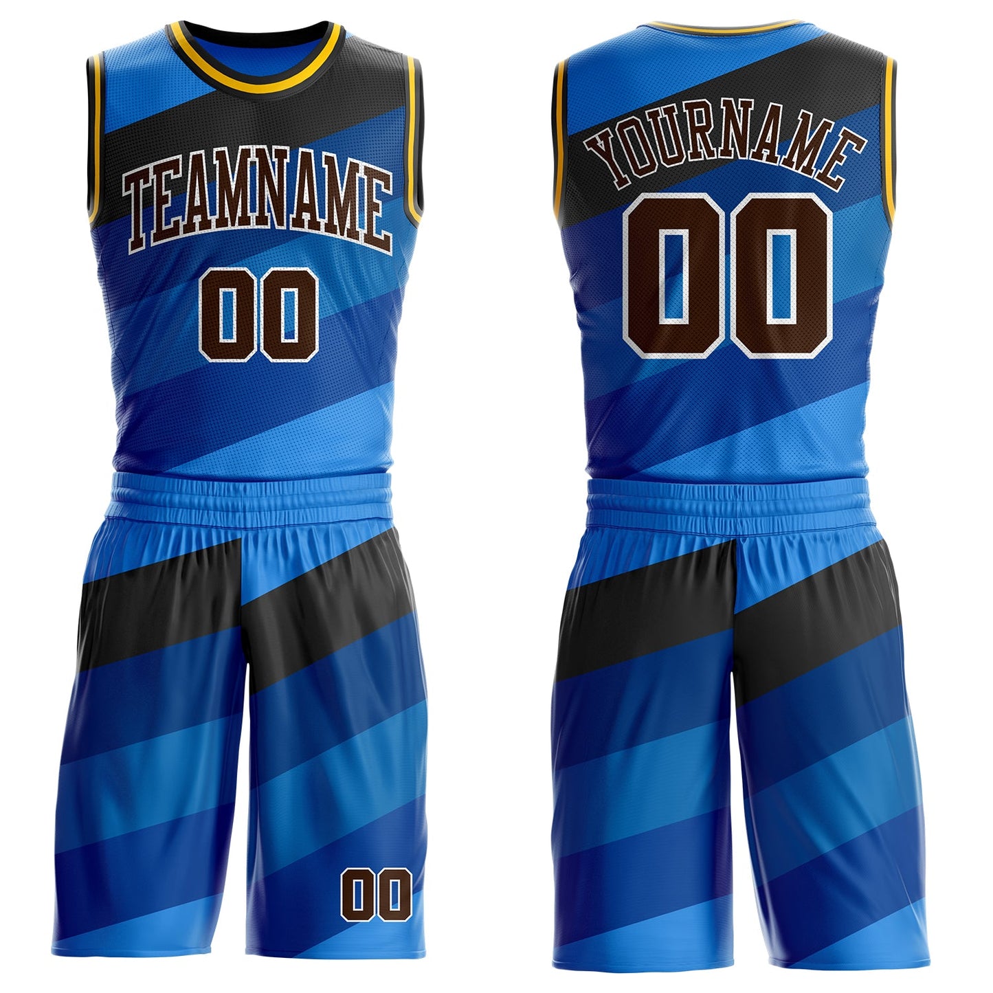 Custom Blue Brown Black White-Gold Diagonal Stripe Gradient Round Neck Sublimation Basketball Uniform Jersey - Main View