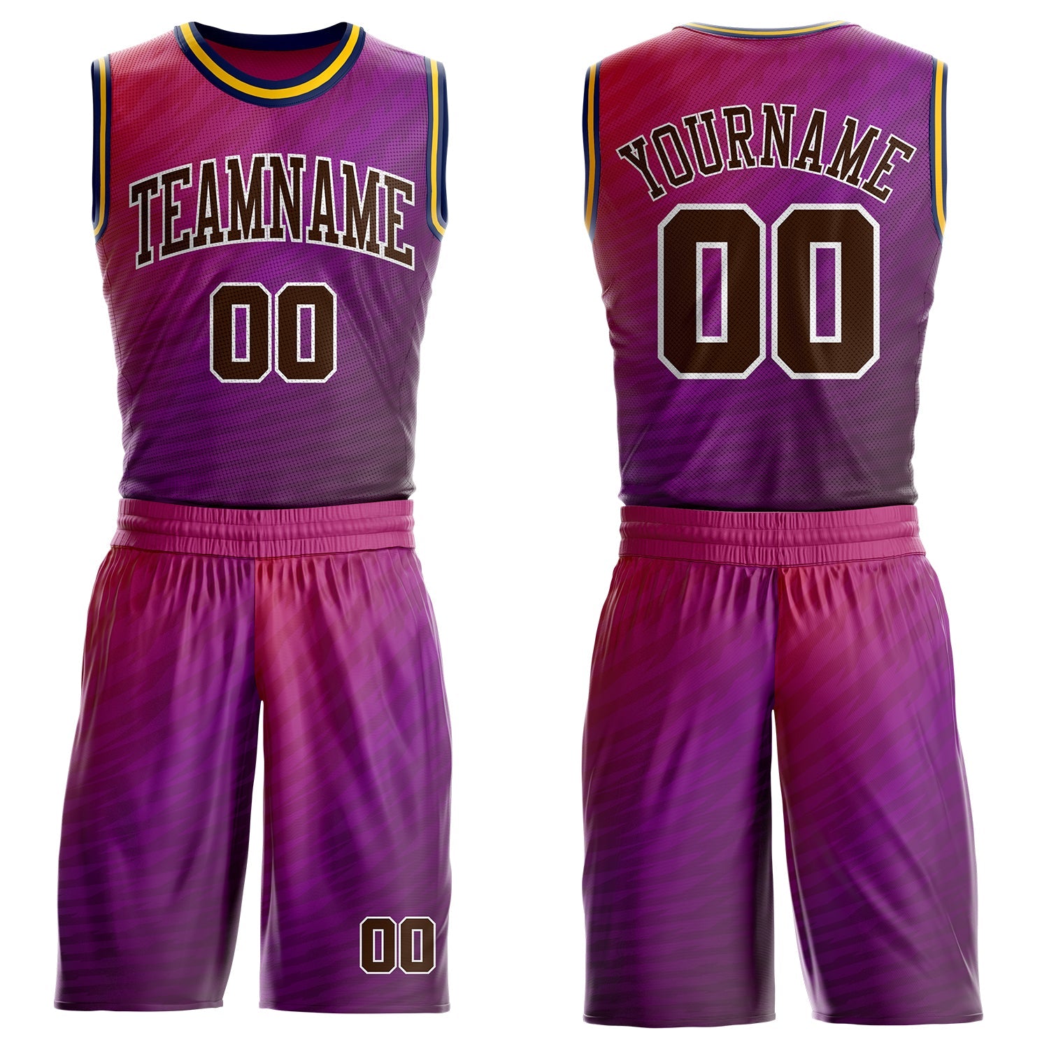 Custom Purple Brown Pink White Navy-Gold Horizontal Stripe Gradient Round Neck Sublimation Basketball Uniform Jersey - Main View