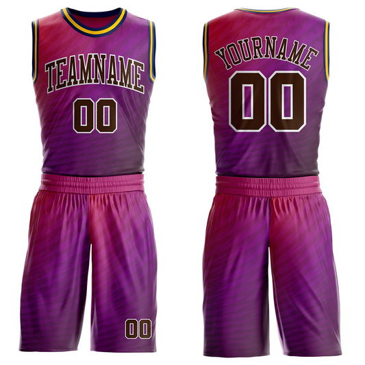 Custom Purple Brown Pink White Navy-Gold Horizontal Stripe Gradient Round Neck Sublimation Basketball Uniform Jersey - Main View