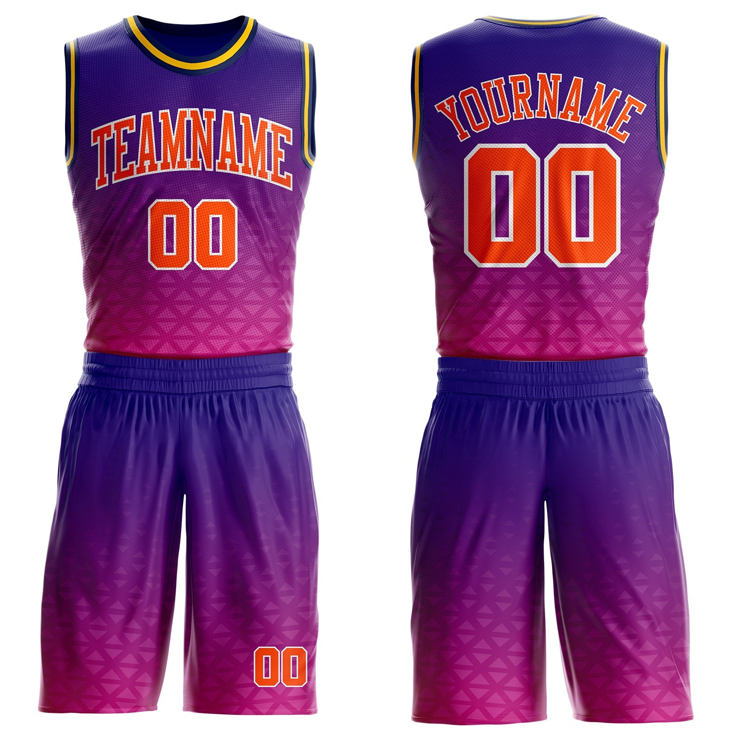 Custom Purple Orange Pink White Navy-Gold Triangle Dot Gradient Round Neck Sublimation Basketball Uniform Jersey - Main View
