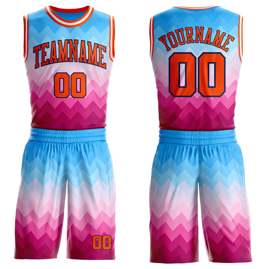 Custom Blue Orange Pink Navy-White Chevron Zigzag Gradient Round Neck Sublimation Basketball Uniform Jersey - Main View