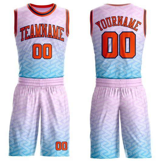 Custom Pink Orange Blue-Navy Geometric Maze Gradient Round Neck Sublimation Basketball Uniform Jersey - Main View