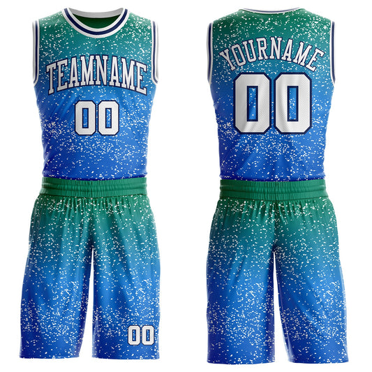 Custom Green White Blue-Navy Speckle Splatter Gradient Round Neck Sublimation Basketball Uniform Jersey - Main View