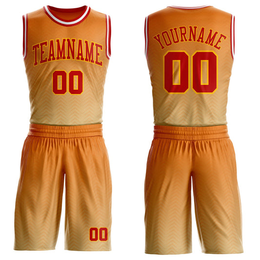 Custom Orange Red Gold-White Micro Chevron Gradient Round Neck Sublimation Basketball Uniform Jersey - Main View