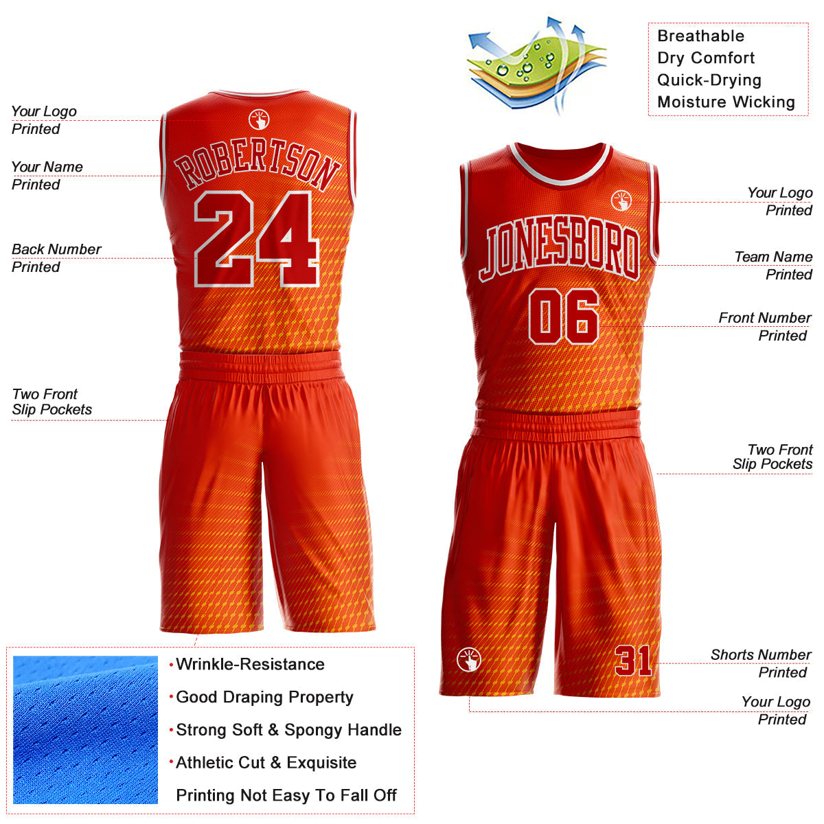 Custom Orange Red-White Diamond Dot Gradient Round Neck Sublimation Basketball Uniform Jersey view 2