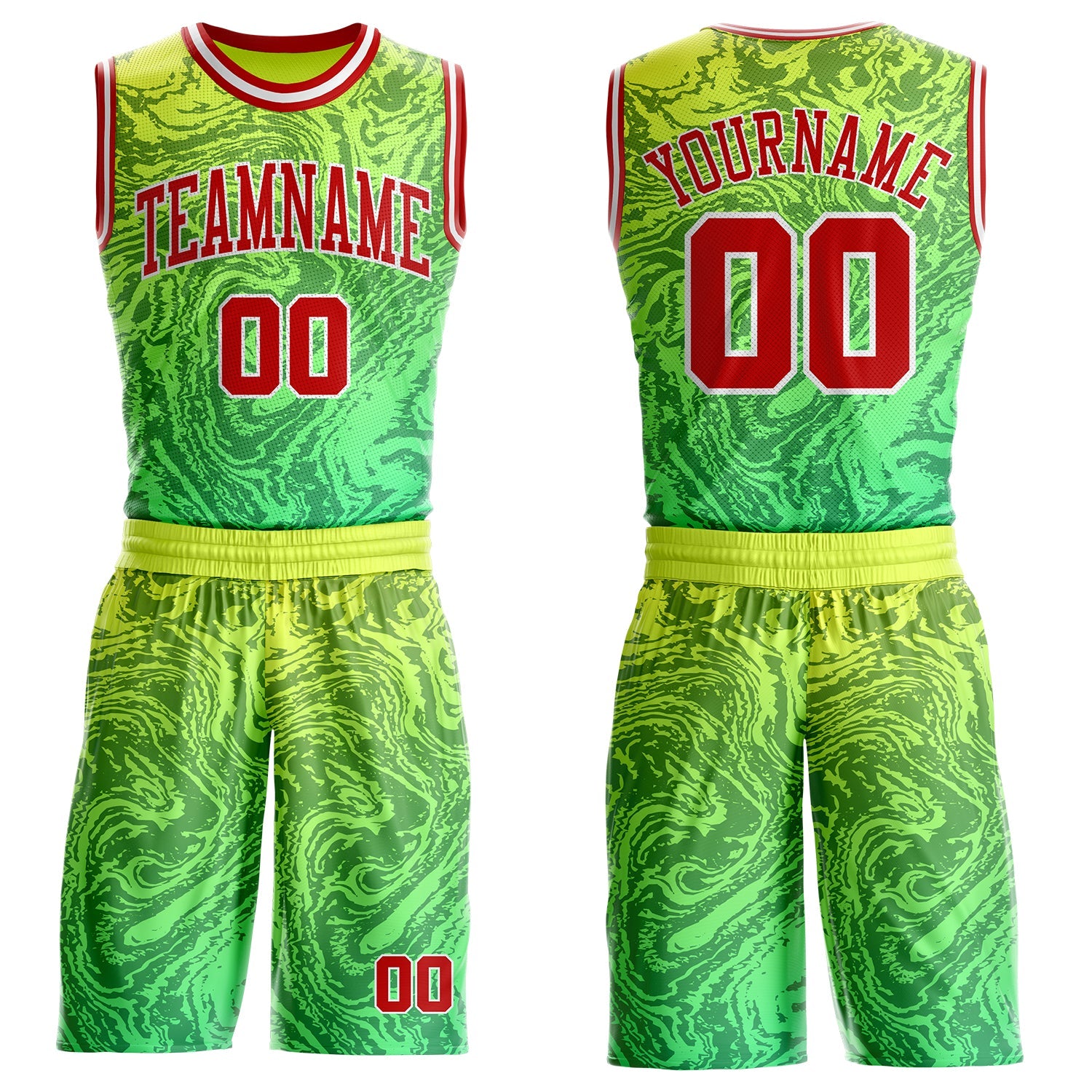Custom Green Red Yellow-White Gradient Marble Texture Fluid Round Neck Sublimation Basketball Uniform Jersey - Main View