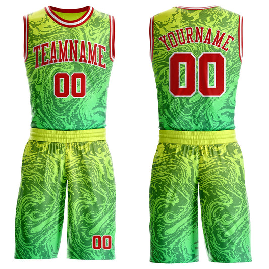 Custom Green Red Yellow-White Gradient Marble Texture Fluid Round Neck Sublimation Basketball Uniform Jersey - Main View