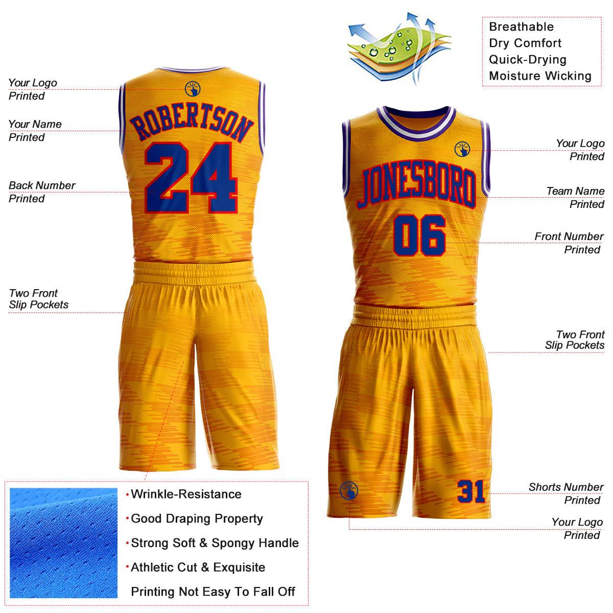 Custom Yellow Royal Fire Red Purple-White Gradient Geometric Stripe Round Neck Sublimation Basketball Uniform Jersey view 2