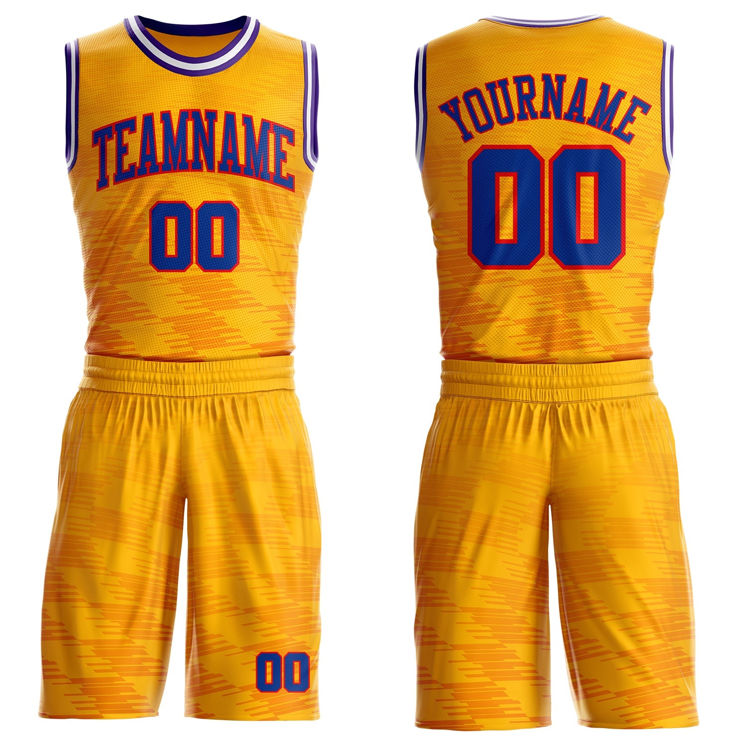 Custom Yellow Royal Fire Red Purple-White Gradient Geometric Stripe Round Neck Sublimation Basketball Uniform Jersey - Main View