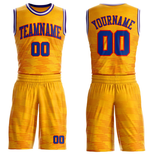 Custom Yellow Royal Fire Red Purple-White Gradient Geometric Stripe Round Neck Sublimation Basketball Uniform Jersey - Main View