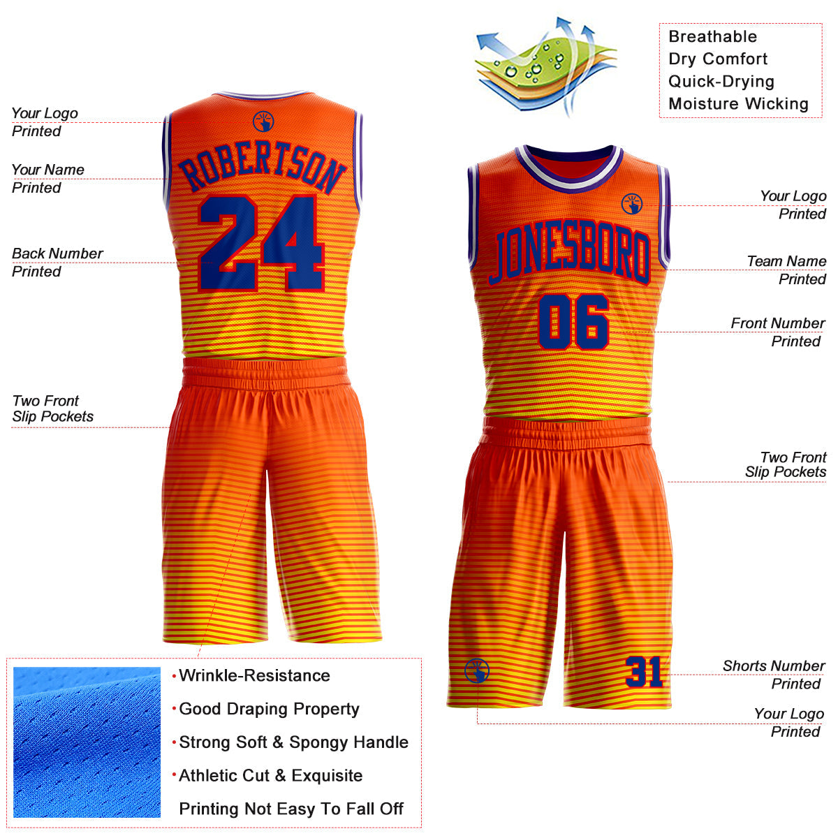 Custom Orange Royal Yellow Fire Red Purple-White Horizontal Stripe Gradient Round Neck Sublimation Basketball Uniform Jersey view 2