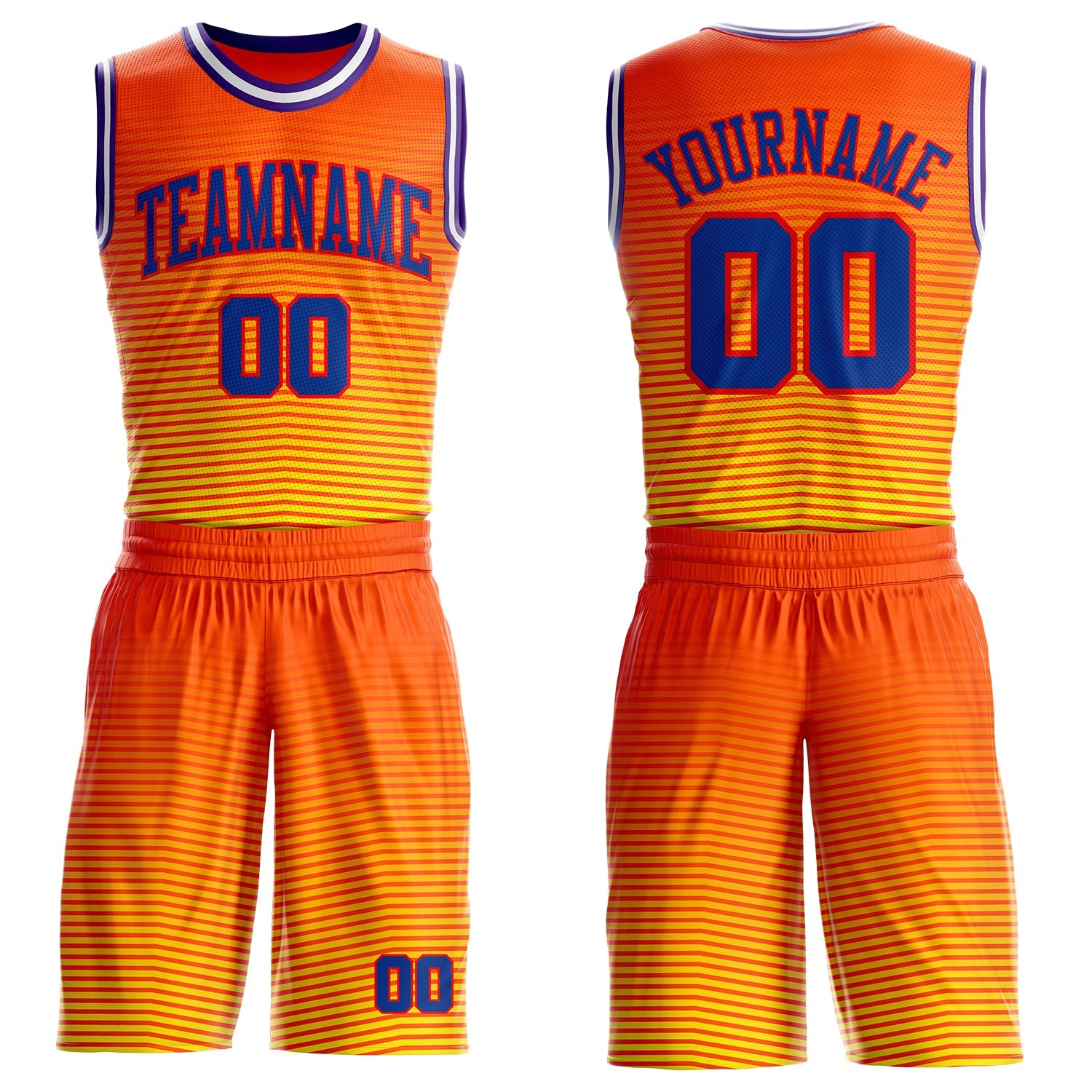Custom Orange Royal Yellow Fire Red Purple-White Horizontal Stripe Gradient Round Neck Sublimation Basketball Uniform Jersey - Main View