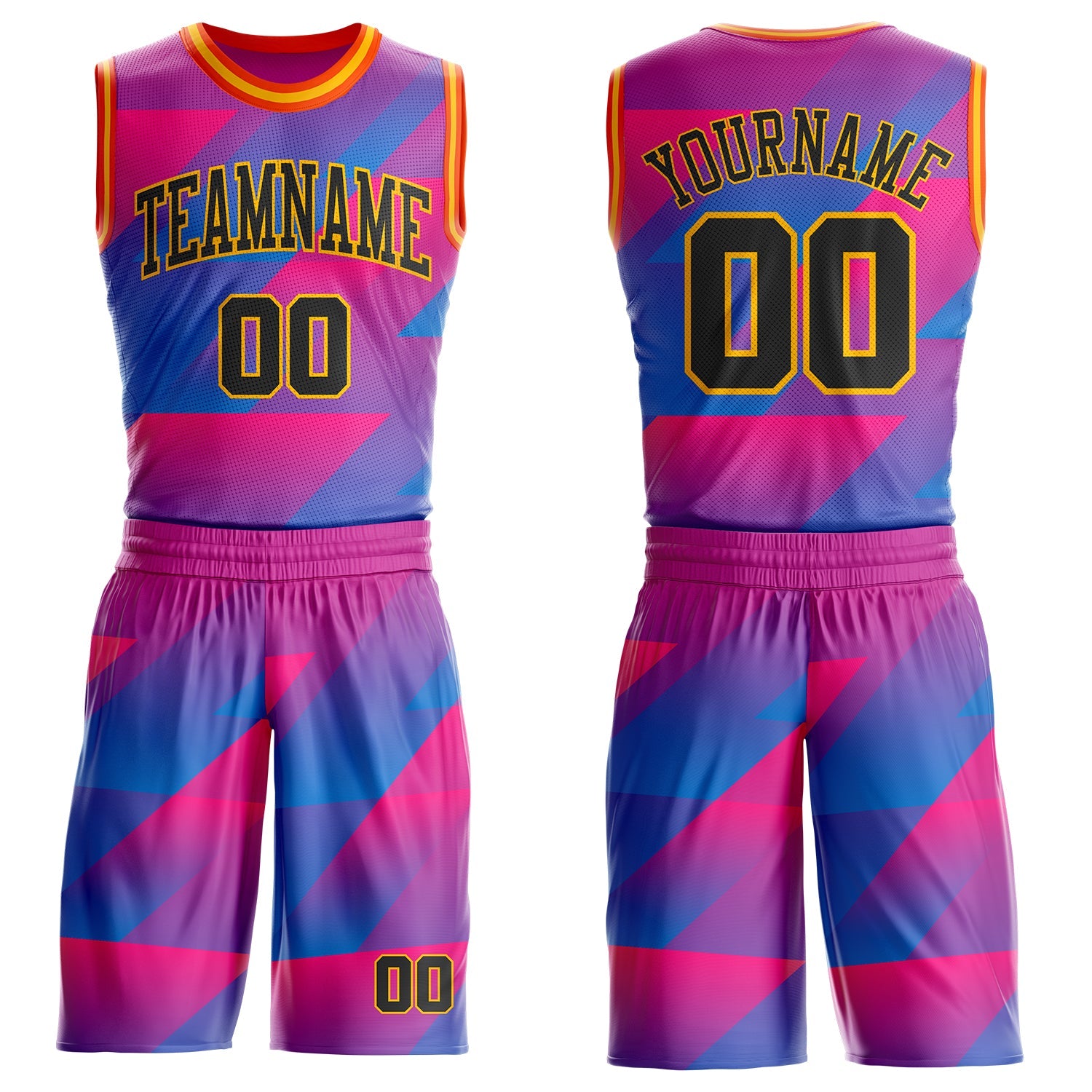 Custom Pink Black Blue Gold-Orange Geometric Triangle Gradient Round Neck Sublimation Basketball Uniform Jersey - Main View