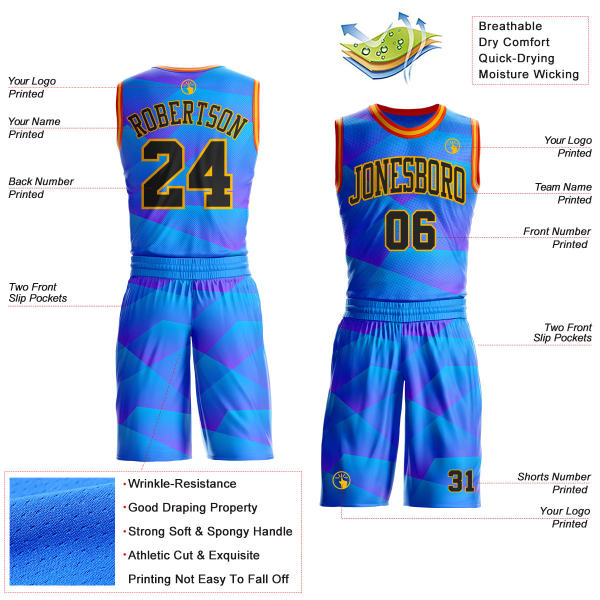 Custom Blue Black Gold-Orange Geometric Gradient Round Neck Sublimation Basketball Uniform Jersey view 2