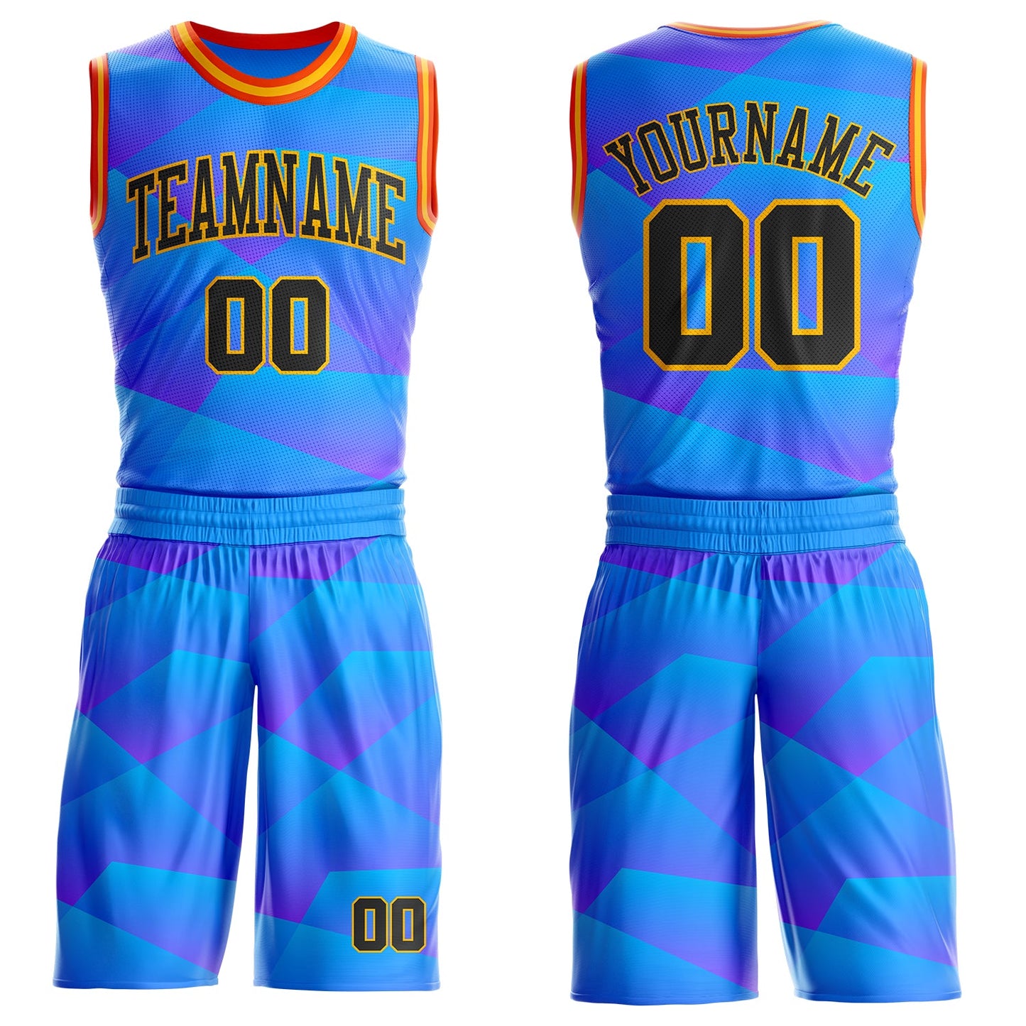 Custom Blue Black Gold-Orange Geometric Gradient Round Neck Sublimation Basketball Uniform Jersey - Main View