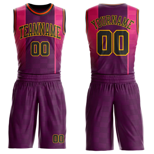 Custom Purple Black Pink Gold-Orange Gradient Line Round Neck Sublimation Basketball Uniform Jersey - Main View