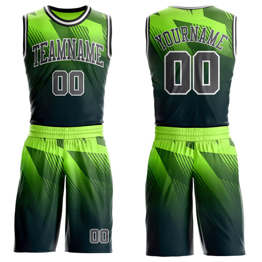Custom Green Steel Gray White-Black Geometric Line Gradient Round Neck Sublimation Basketball Uniform Jersey - Main View