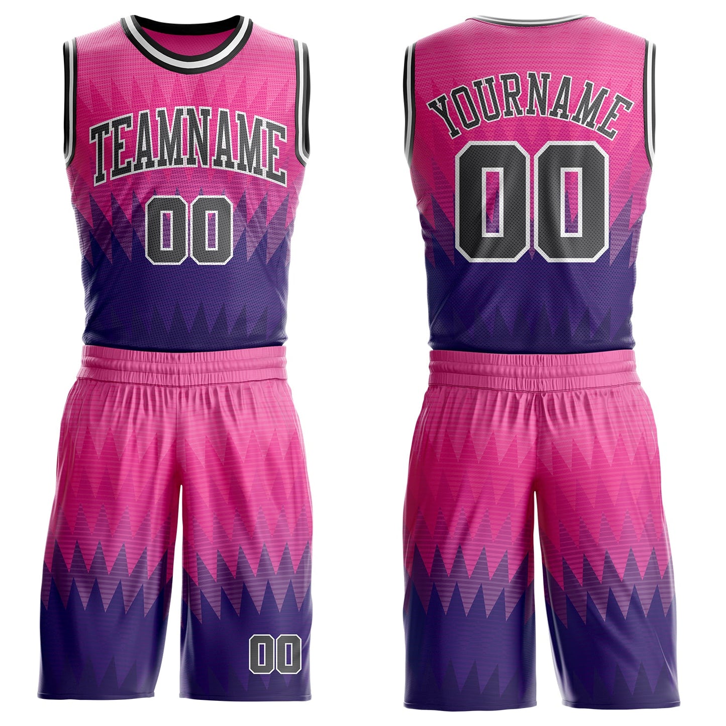 Custom Pink Steel Gray Purple White-Black Chevron Zigzag Gradient Round Neck Sublimation Basketball Uniform Jersey - Main View