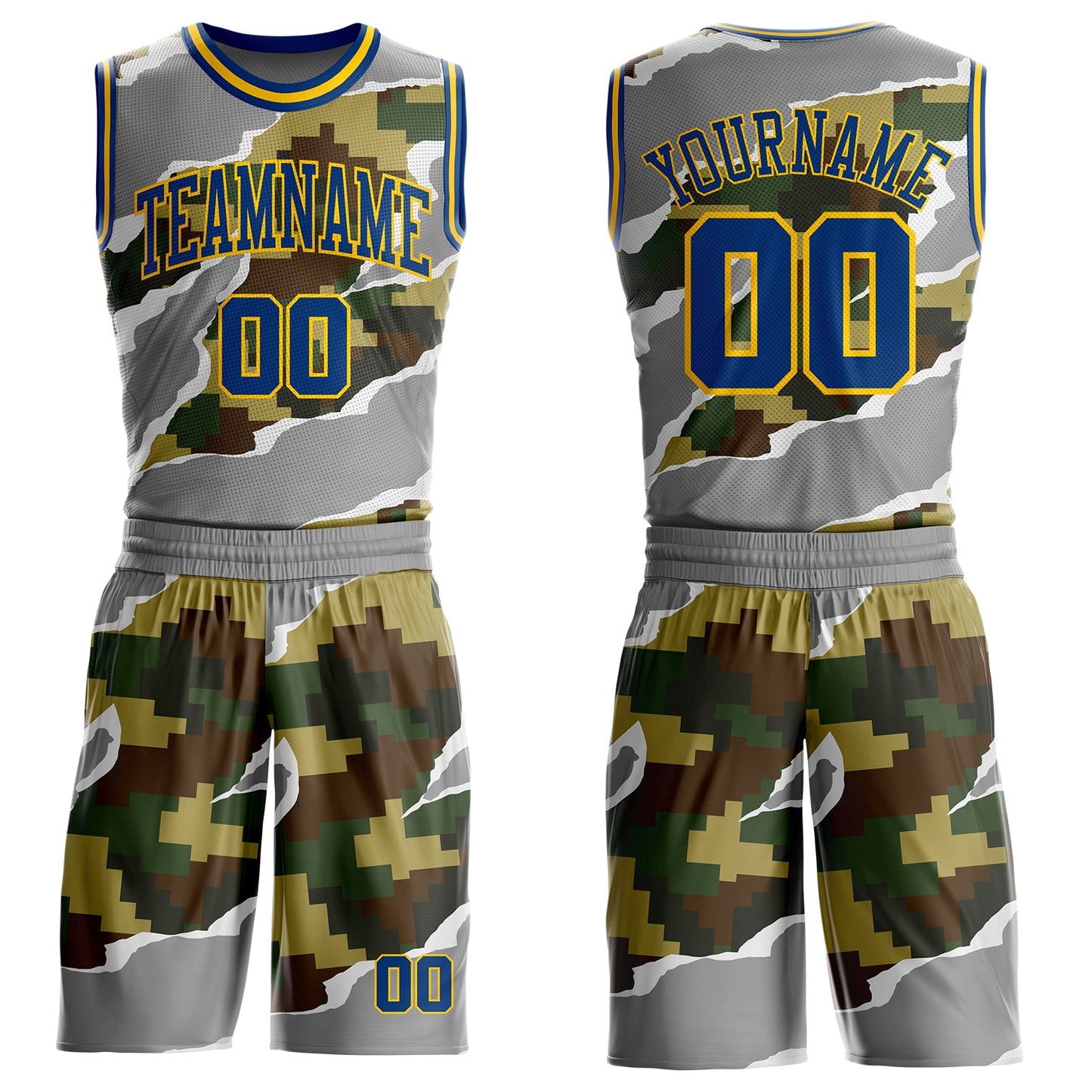 Custom Camo US Navy Blue-Yellow Digital Camouflage Torn Paper Style Round Neck Sublimation Salute To Service Basketball Uniform Jersey - Main View