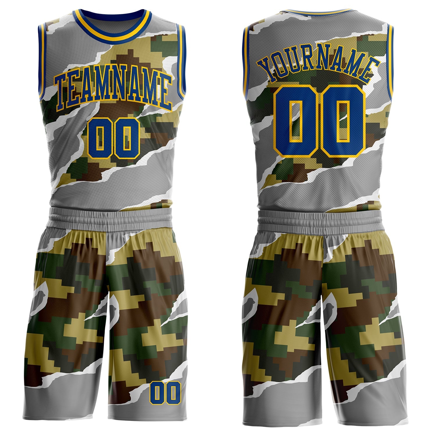 Custom Camo US Navy Blue-Yellow Digital Camouflage Torn Paper Style Round Neck Sublimation Salute To Service Basketball Uniform Jersey - Main View